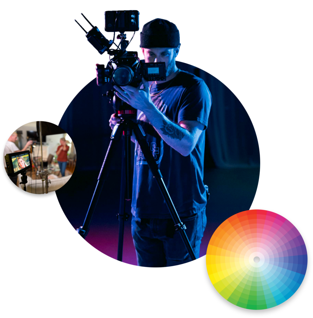 A Collage of on-set images, and a vibrant color wheel.